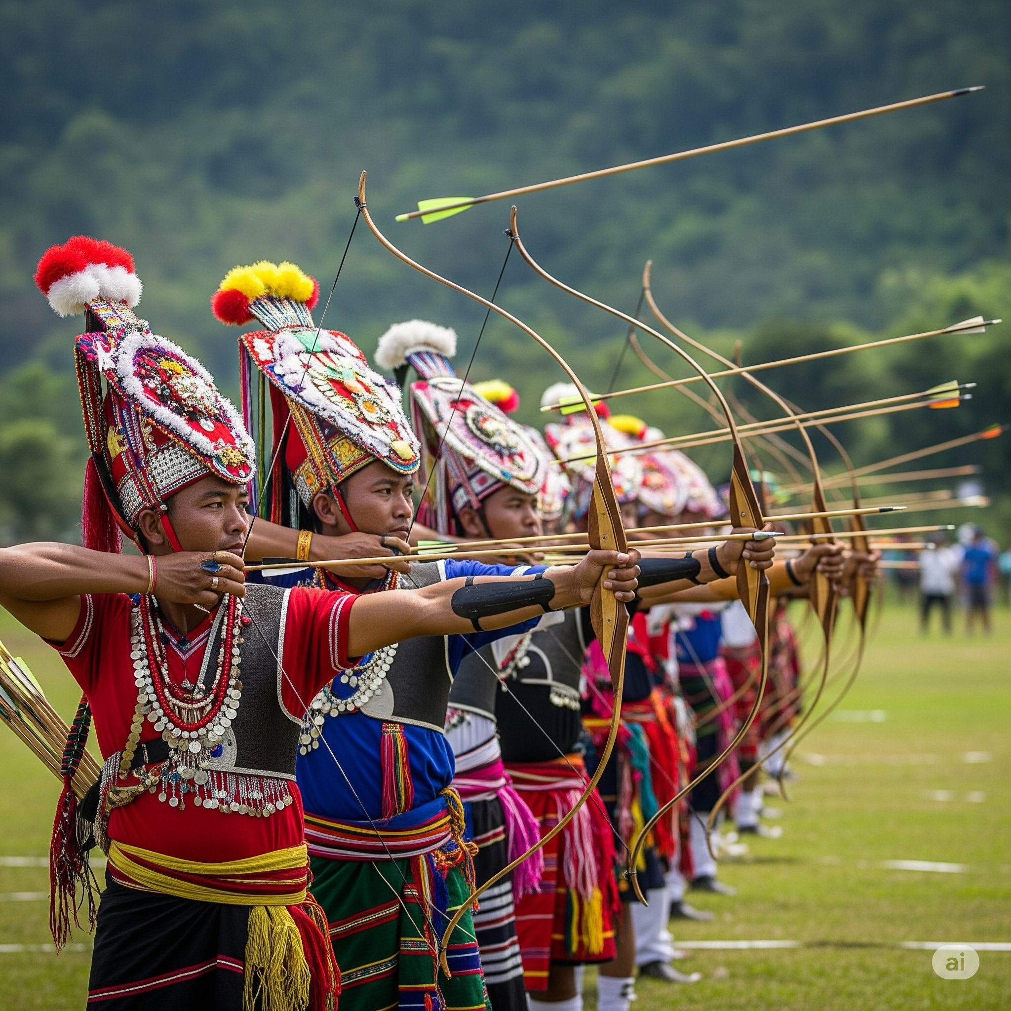 archers in traditional attire during a Teer competition in Meghalaya