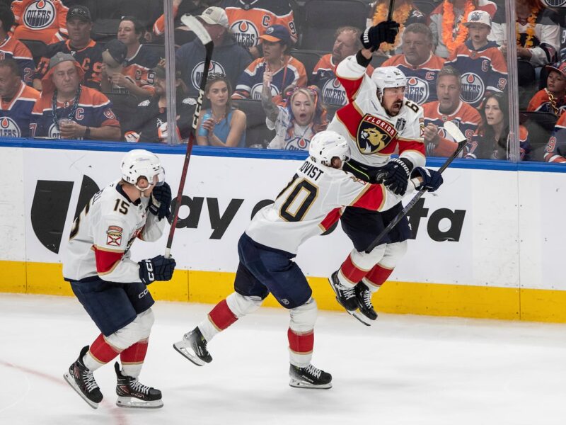 Brad Marchand (63) scored in double overtime to give the Panthers the win in Game 2 of the Stanley Cup Final.