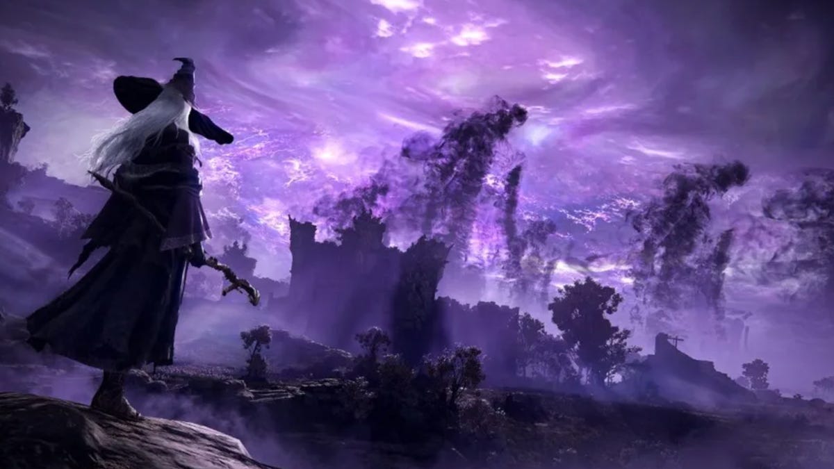 a shrouded character looks at a ghostly forrest from afar