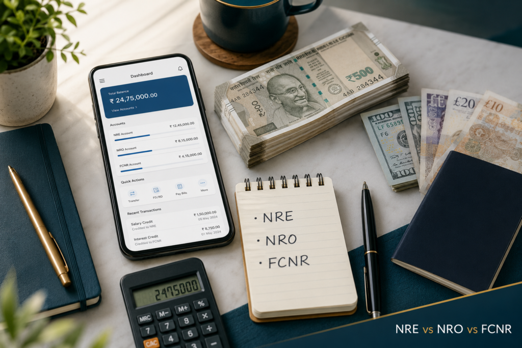 Desk flat-lay comparing NRE vs NRO vs FCNR accounts with rupee and foreign notes, passport and calculator.