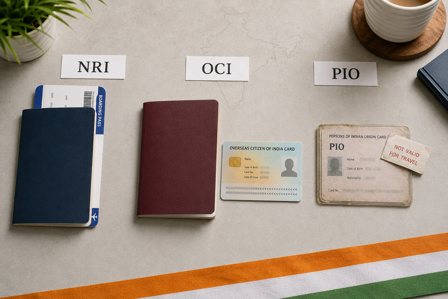 Three document sets compared for OCI vs PIO vs NRI status in India: passports and an old PIO card on a desk. Three document sets compared for OCI vs PIO vs NRI status in India: passports and an old PIO card on a desk.