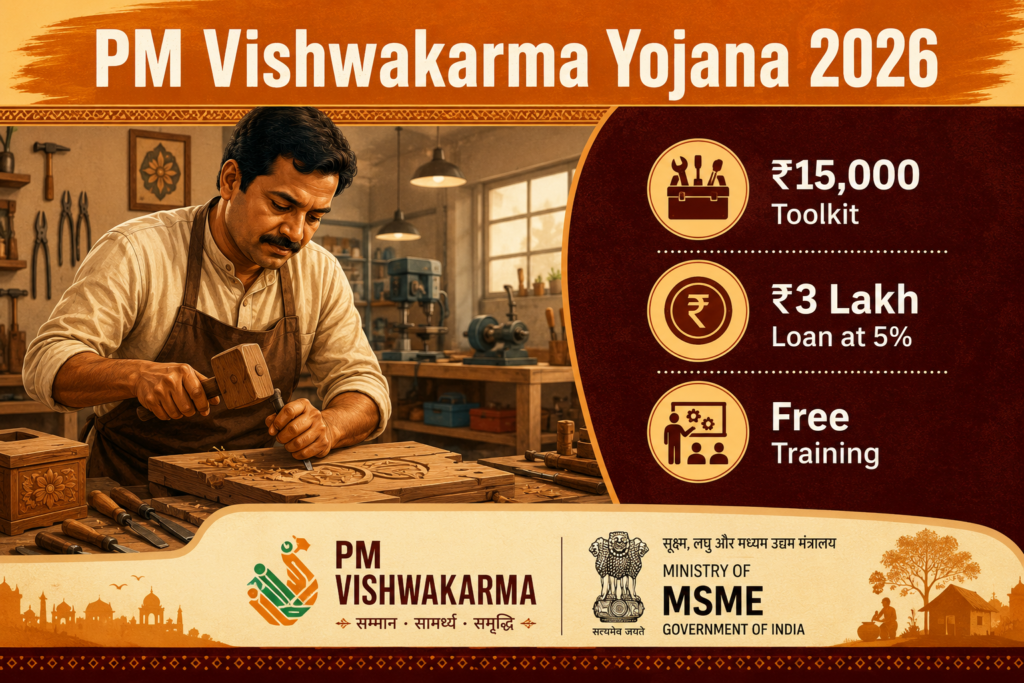 PM Vishwakarma Yojana 2026 CSC registration for artisans with ₹3 lakh loan at 5% interest and ₹15000 toolkit benefit